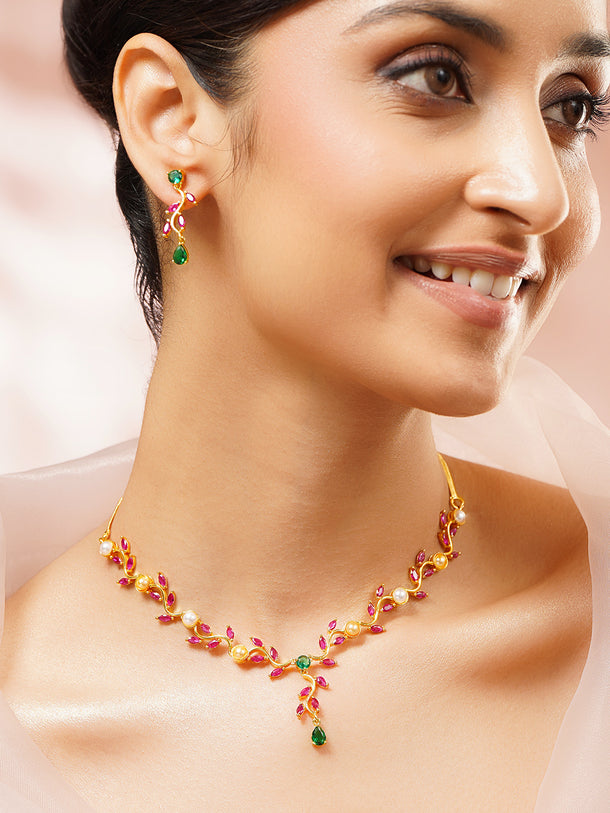 Gold Plated Festive Vine Ruby Emerald Pearl Necklace Set