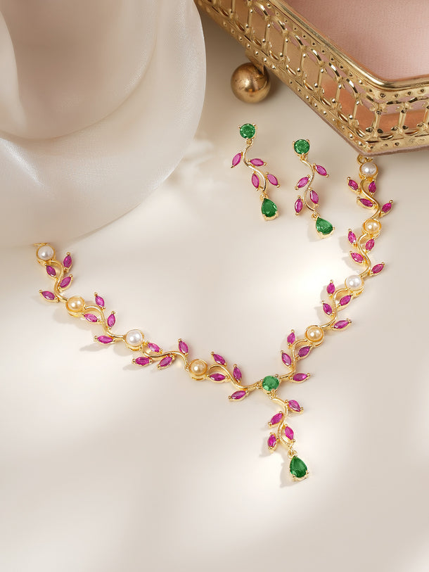 Gold Plated Festive Vine Ruby Emerald Pearl Necklace Set