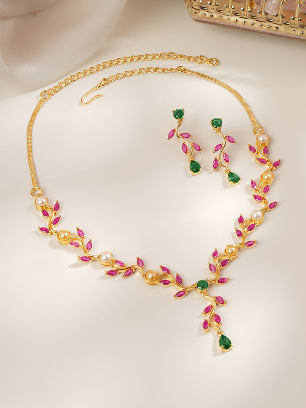 Gold Plated Festive Vine Ruby Emerald Pearl Necklace Set