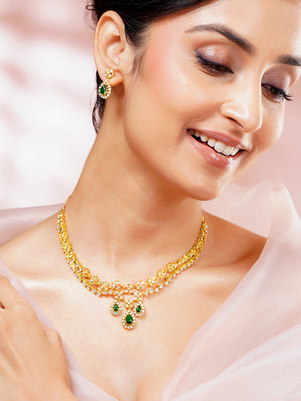 Gold Plated Emerald Dewdrop Floral Zirconia Necklace Set