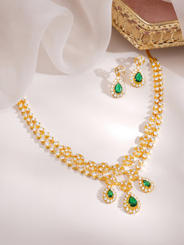 Gold Plated Emerald Dewdrop Floral Zirconia Necklace Set