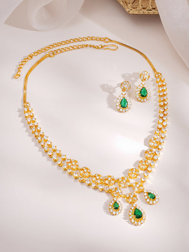Gold Plated Emerald Dewdrop Floral Zirconia Necklace Set
