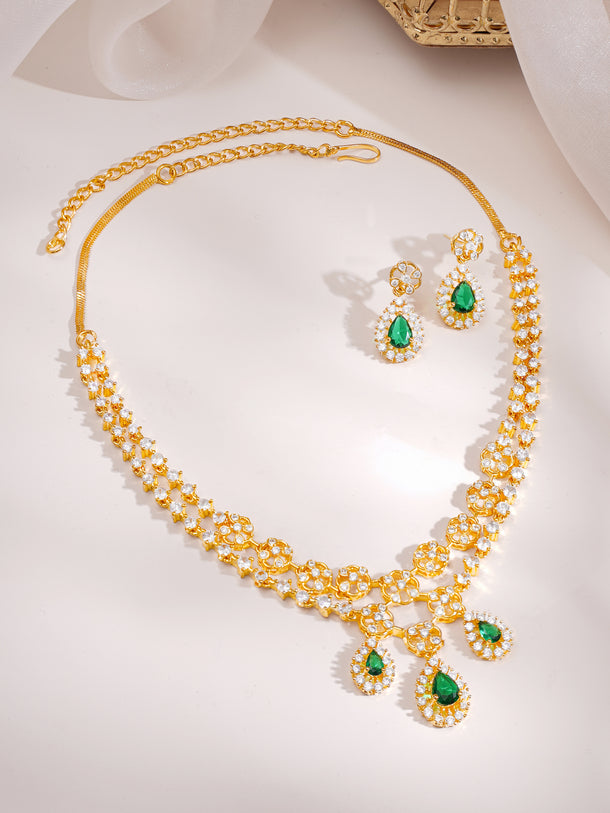 Gold Plated Emerald Dewdrop Floral Zirconia Necklace Set