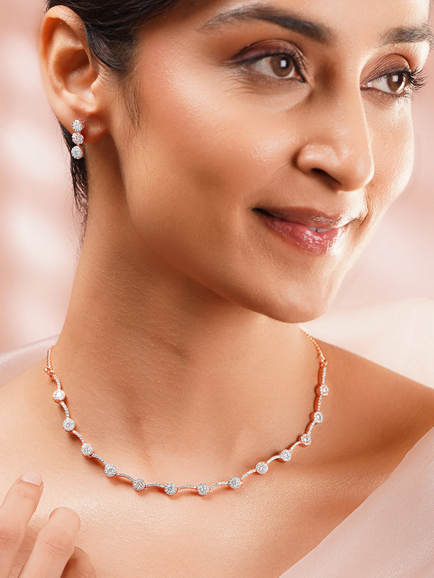 Rose Gold Plated Starlit Halo American Diamond Necklace Set