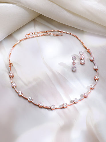 Rose Gold Plated Starlit Halo American Diamond Necklace Set