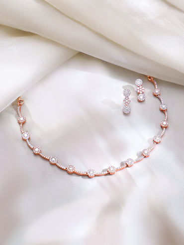 Rose Gold Plated Starlit Halo American Diamond Necklace Set