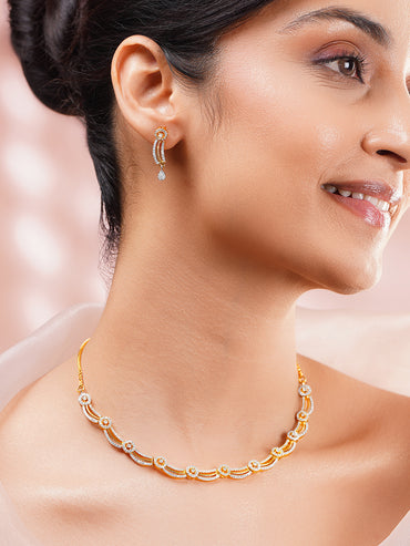 Gold Plated Radiant Halo Arc American Diamond Necklace Set