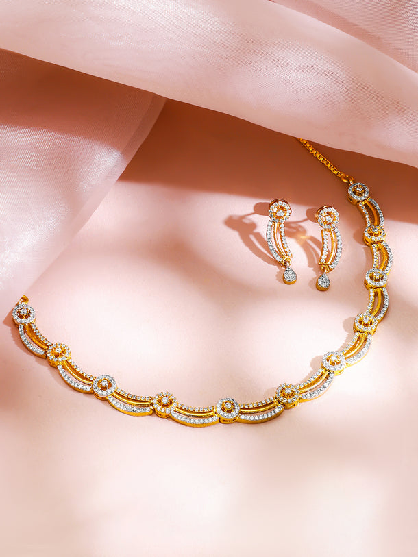 Gold Plated Radiant Halo Arc American Diamond Necklace Set