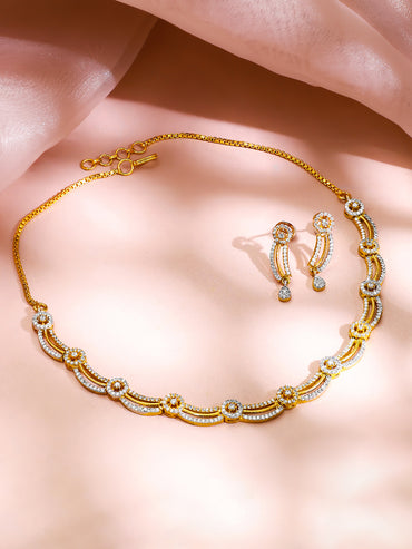 Gold Plated Radiant Halo Arc American Diamond Necklace Set