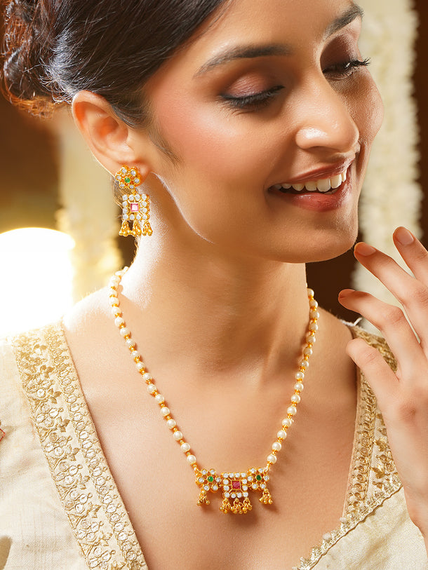 Gold Plated Pearl Whisper Kundan Blossom Necklace Set