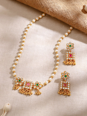 Gold Plated Pearl Whisper Kundan Blossom Necklace Set
