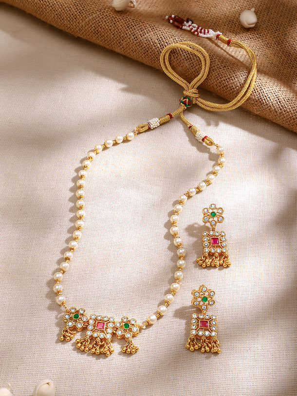 Gold Plated Pearl Whisper Kundan Blossom Necklace Set