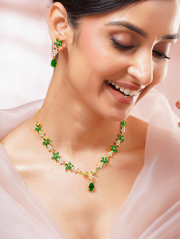 Gold Plated Emerald Petal Garden Zirconia Necklace Set
