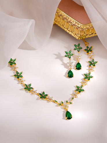 Gold Plated Emerald Petal Garden Zirconia Necklace Set