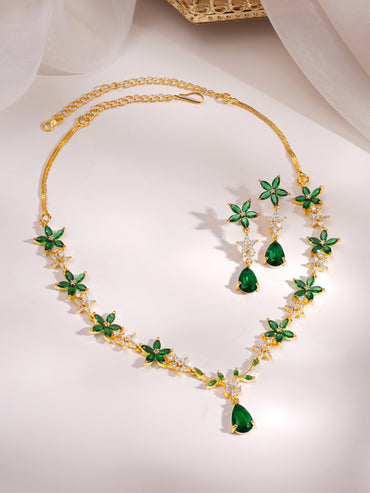 Gold Plated Emerald Petal Garden Zirconia Necklace Set