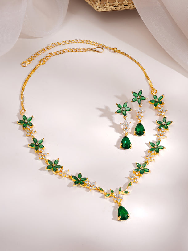 Gold Plated Emerald Petal Garden Zirconia Necklace Set