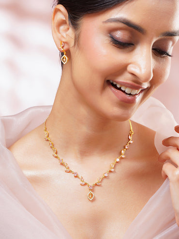 Gold Plated Blush Vine Pink Zirconia Necklace Set