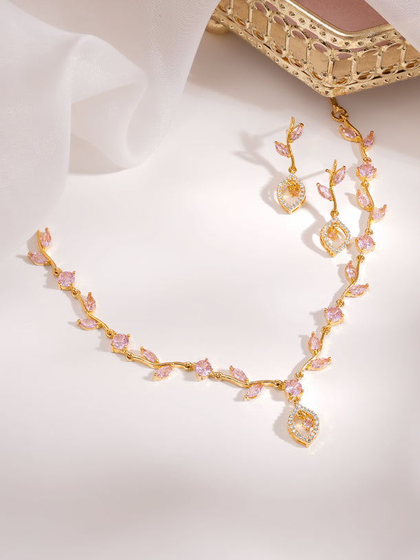 Gold Plated Blush Vine Pink Zirconia Necklace Set