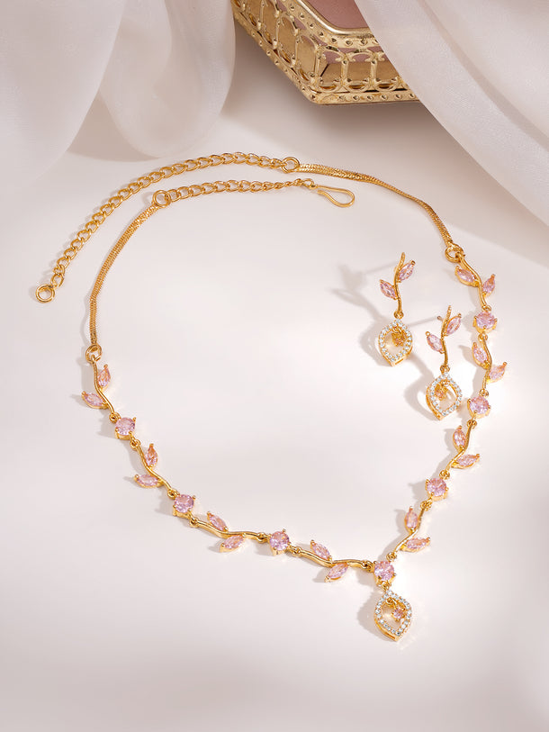 Gold Plated Blush Vine Pink Zirconia Necklace Set