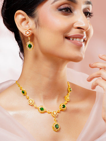 Gold Plated Emerald Garden Octagon Zirconia Necklace Set