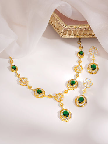 Gold Plated Emerald Garden Octagon Zirconia Necklace Set