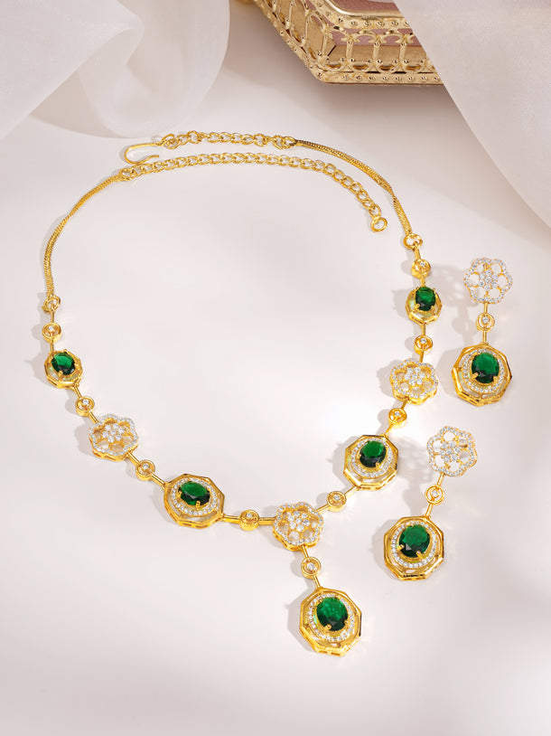 Gold Plated Emerald Garden Octagon Zirconia Necklace Set