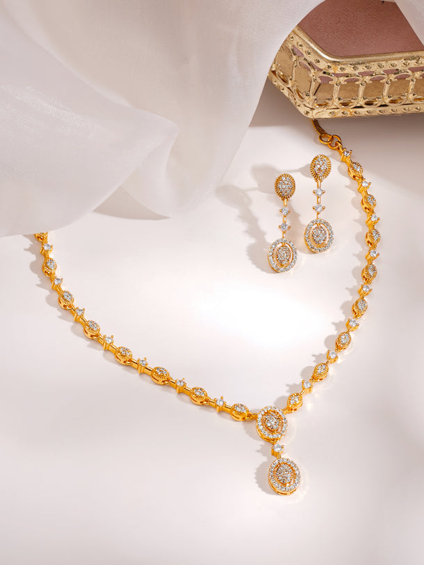 Gold Plated Moonlit Oval Halo Zirconia Necklace Set