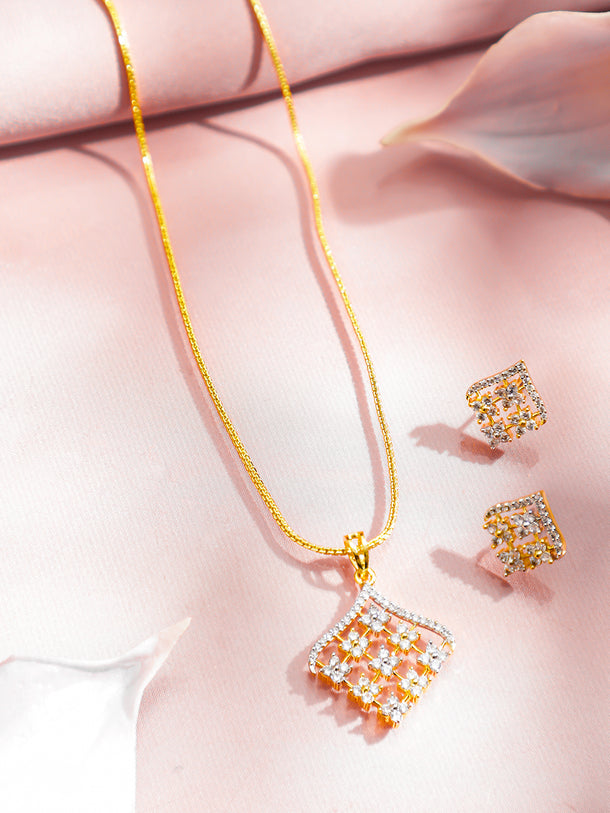 Geometric American Diamond Zirconia Pendant Necklace Set