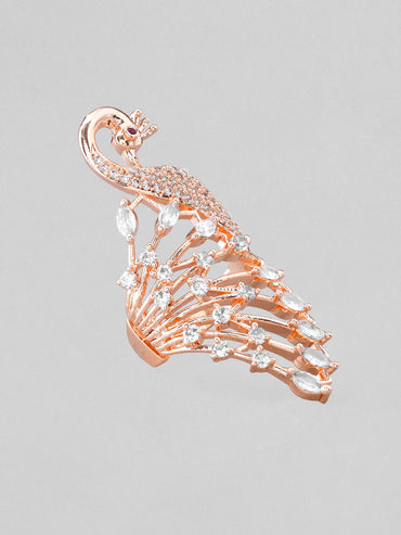 Rubans Rose Gold Plated Ring With Peacock Design And Studded AD
