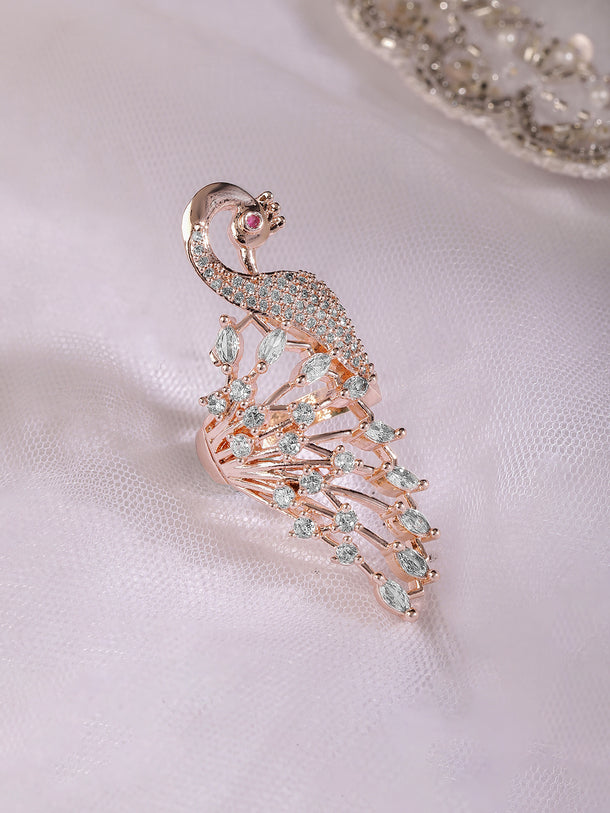 Rubans Rose Gold Plated Ring With Peacock Design And Studded AD