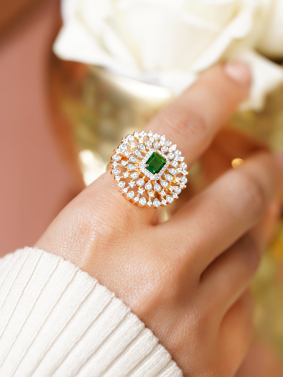 Rubans 18K Gold-Plated Cubic Zirconia Studded Finger Ring