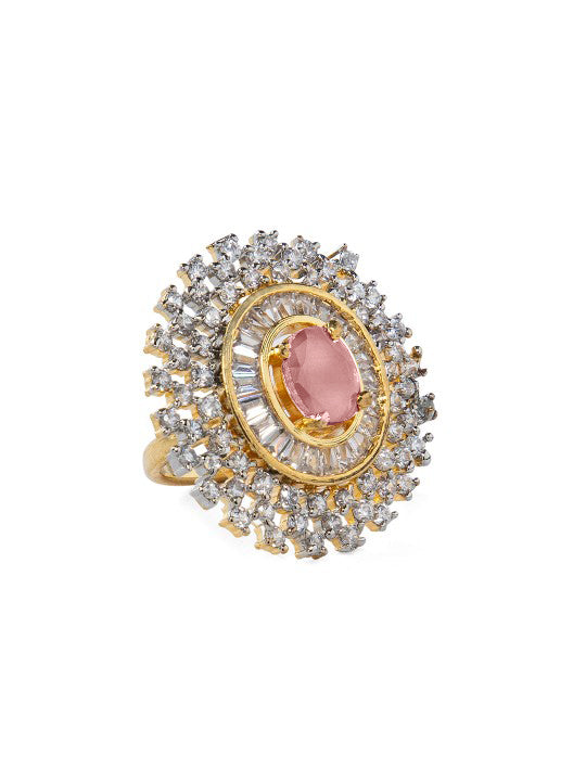 Rubans Rhodium-Plated Pink AD & White Zirconia Studded Adjustable Ring