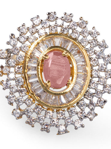 Rubans Rhodium-Plated Pink AD & White Zirconia Studded Adjustable Ring