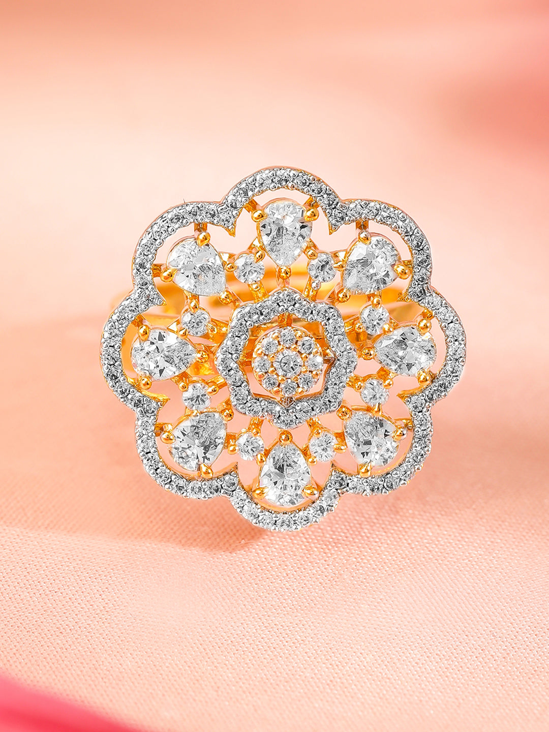 Rubans 22K Gold-Plated Cubic Zirconia Studded Floral Design Adjustable Finger Ring