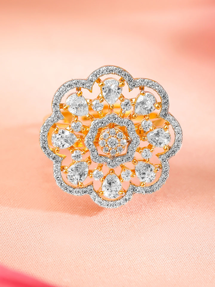 Rubans 22K Gold-Plated Cubic Zirconia Studded Floral Design Adjustable Finger Ring