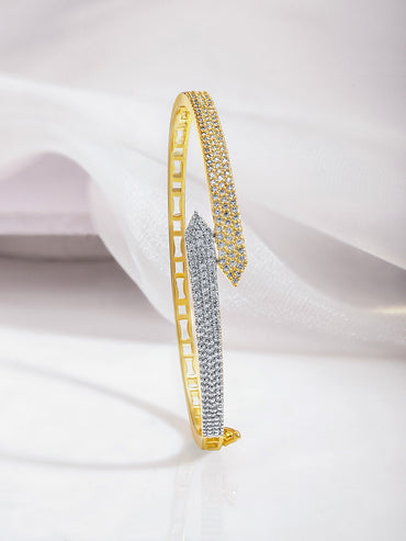 Rubans Dual Tone 22K Gold & Silver Plated Sparkling Zirconia Studded Openable Bangle-Style Bracelet