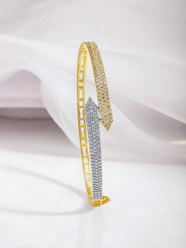 Rubans Dual Tone 22K Gold & Silver Plated Sparkling Zirconia Studded Openable Bangle-Style Bracelet