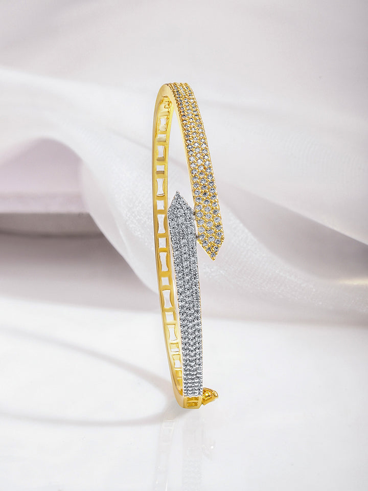 Rubans Dual Tone 22K Gold & Silver Plated Sparkling Zirconia Studded Openable Bangle-Style Bracelet