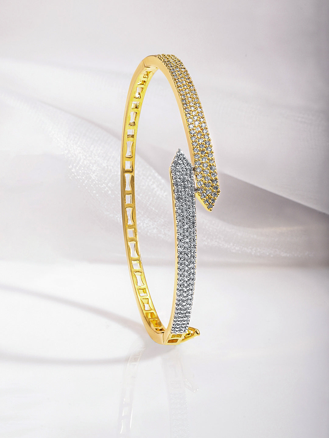 Rubans Dual Tone 22K Gold & Silver Plated Sparkling Zirconia Studded Openable Bangle-Style Bracelet