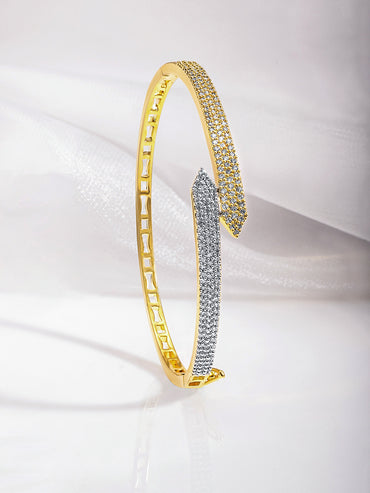 Rubans Dual Tone 22K Gold & Silver Plated Sparkling Zirconia Studded Openable Bangle-Style Bracelet