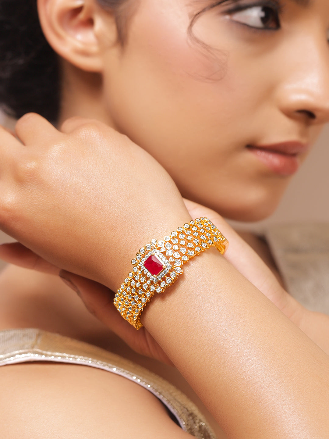 Rubans Women Brass Cubic Zirconia Handcrafted Gold-Plated Bangle-Style Bracelet