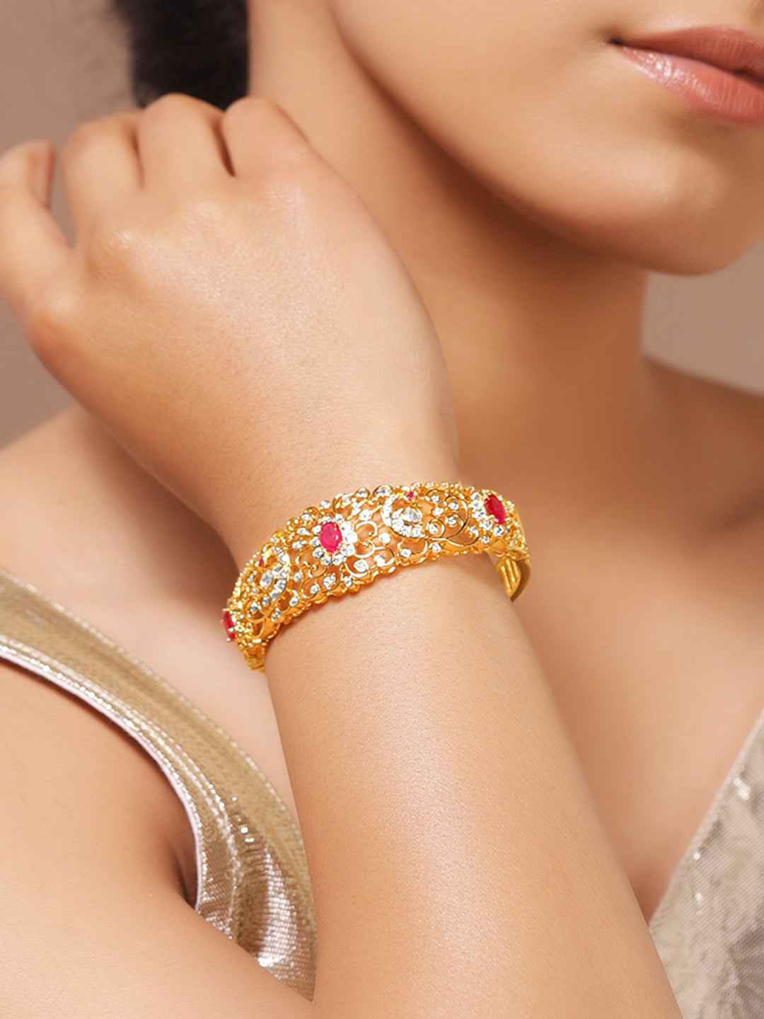 Rubans Women Brass Cubic Zirconia Gold-Plated Bangle-Style Bracelet