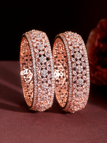 Rubans Set of 2 22K Rose Gold Plated Cubic Zirconia Stone Studded Floral Design Bangles