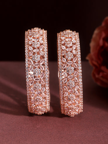Rubans Set of 2 22K Rose Gold Plated Cubic Zirconia Stone Studded Floral Design Bangles