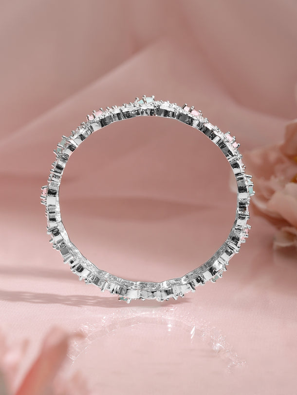Rubans Set of 2 Rhodium Plated Pastel Pink, Light Blue & White Cubic Zirconia Studded Premium Bangles