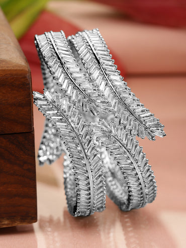 Rubans Set of 2 Rhodium-Plated AD & Cubic Zirconia Studded Premium Bangles