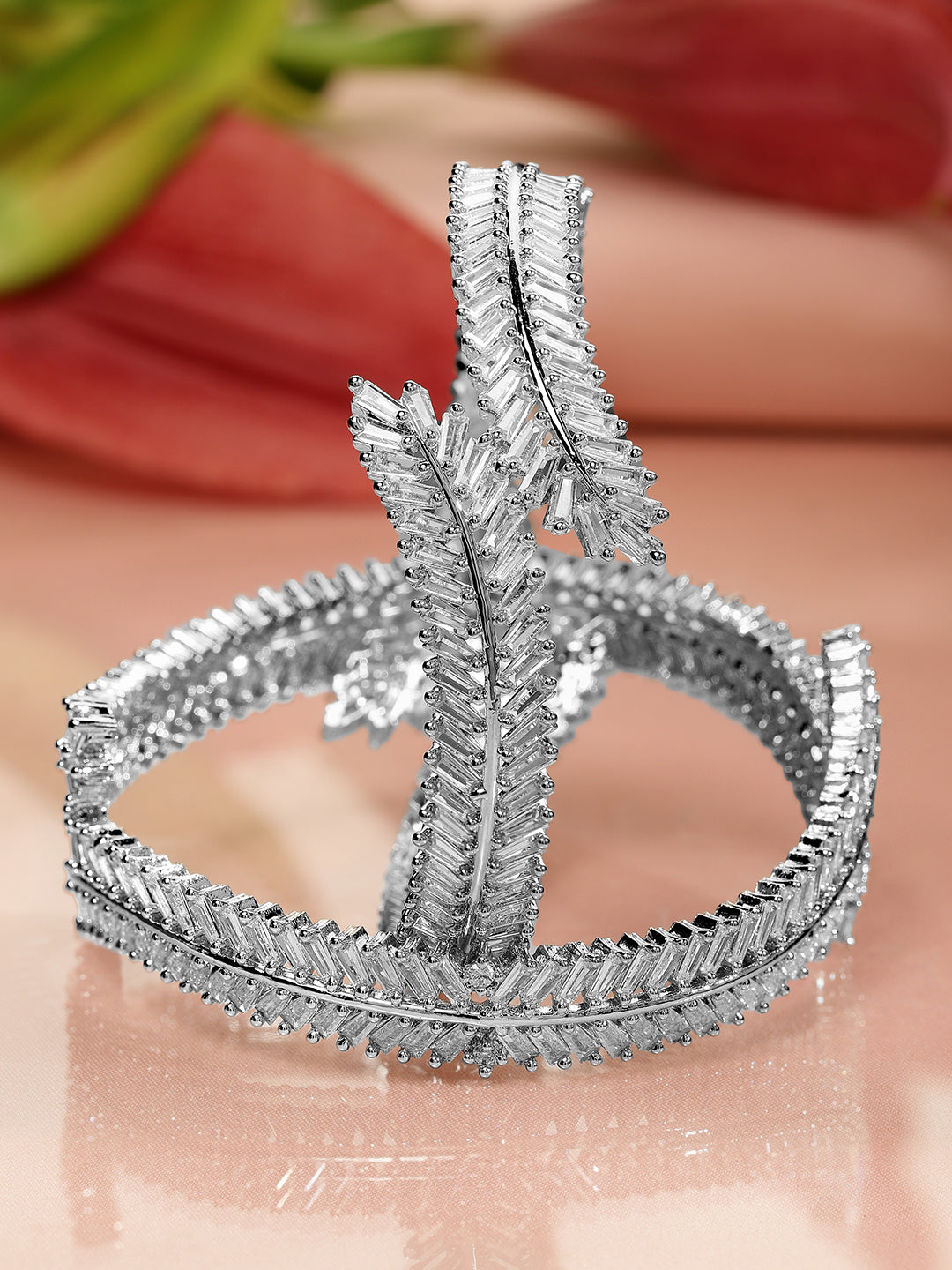 Rubans Set of 2 Rhodium-Plated AD & Cubic Zirconia Studded Premium Bangles