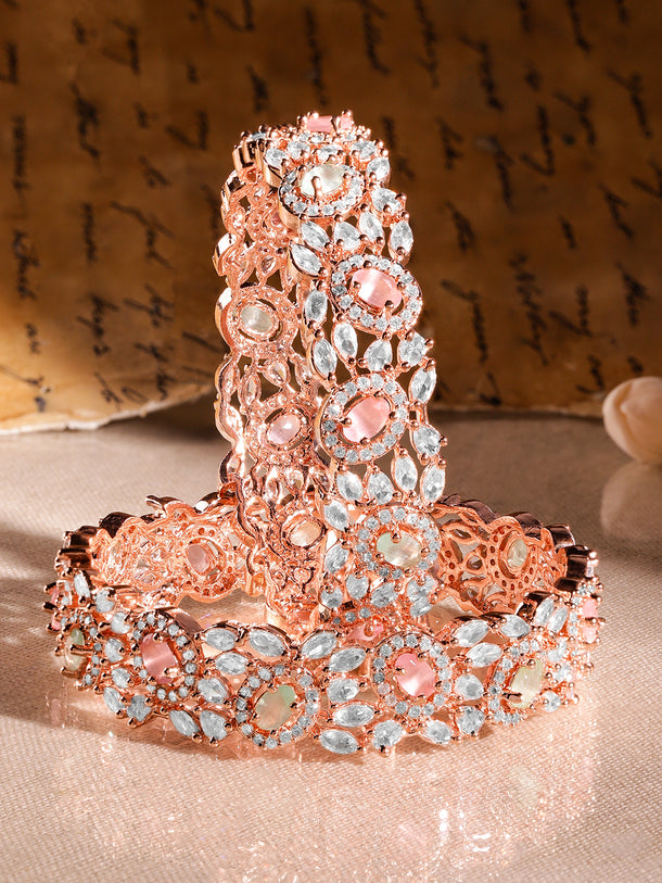 Rubans Set of 2 22K Rose Gold-Plated Pastel Pink, Blue & White Cubic Zirconia Studded Premium Bangles