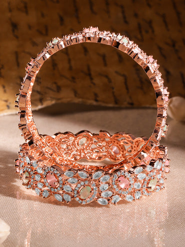 Rubans Set of 2 22K Rose Gold-Plated Pastel Pink, Blue & White Cubic Zirconia Studded Premium Bangles