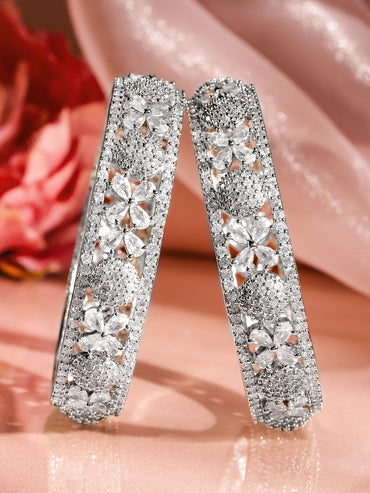 Rubans Set of 2 Rhodium-Plated AAA Cubic Zirconia Studded Floral Design Bangles